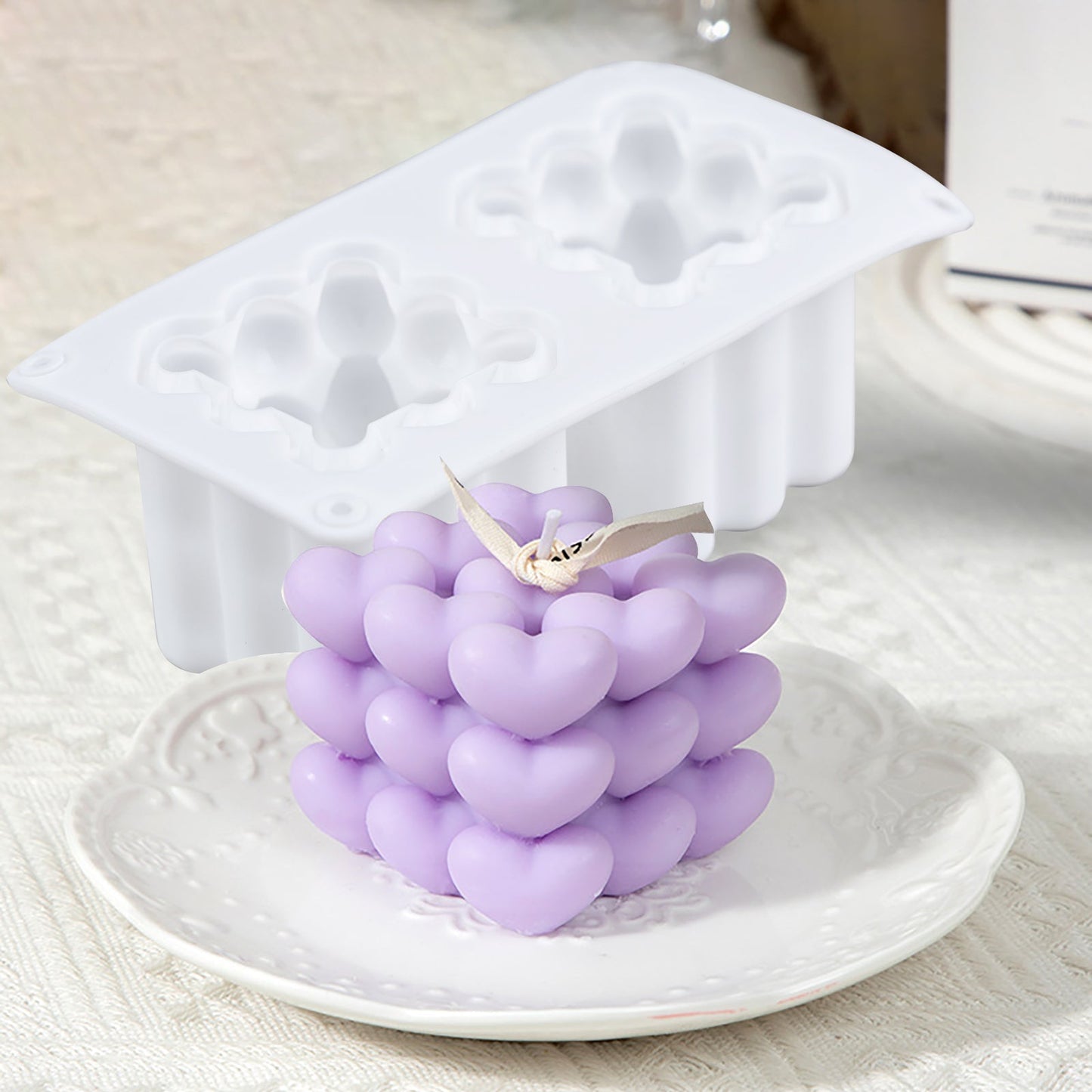 2 Cavity Heart Bubble Cube Candle Molds Silicone Valentine Heart Candle Molds 3D Bubble Molds for Soap Resin