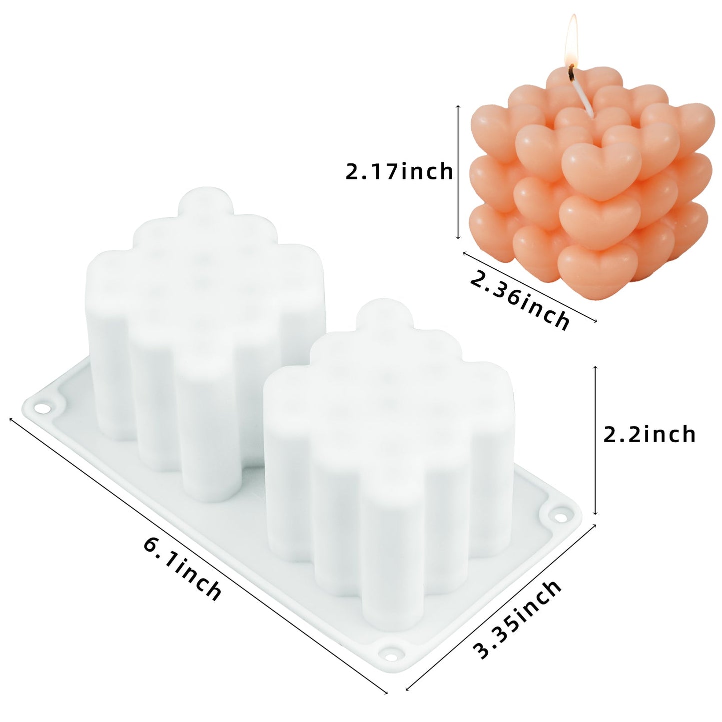 2 Cavity Heart Bubble Cube Candle Molds Silicone Valentine Heart Candle Molds 3D Bubble Molds for Soap Resin